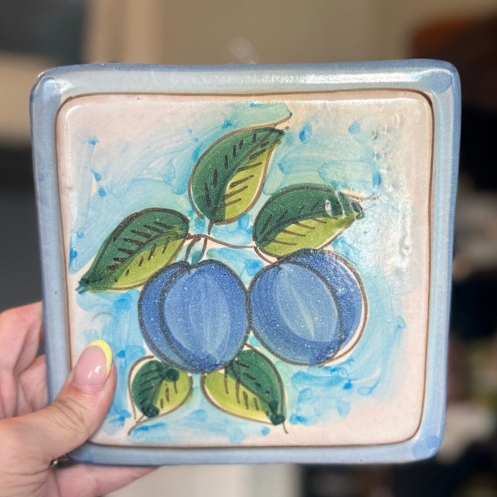 Hand-Painted Italian Ceramic Wall Tile Trivel Blue Fruit Peach Fratantoni Vietri